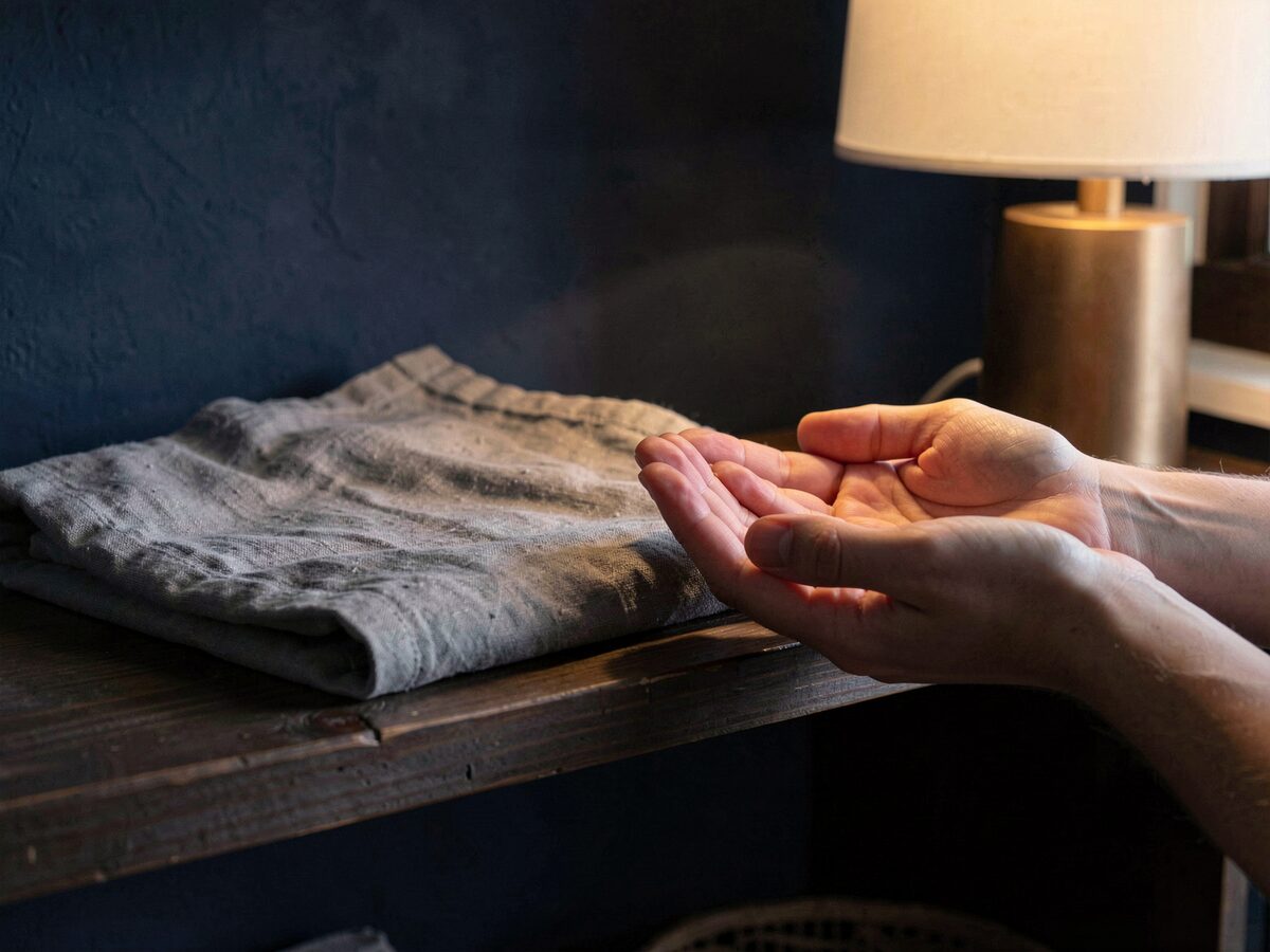a folded grey linen cloth on a dark wooden shelf beside a pair of cupped hands resting palm-up, warm lamplight, dark indigo night interior, photorealistic, shallow depth, no text, no books, no cards
