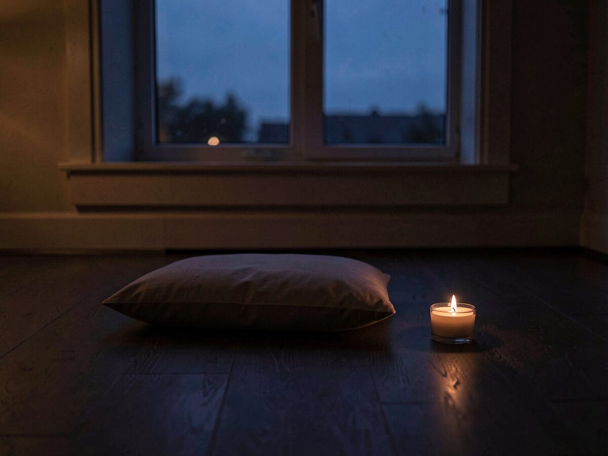 a single cushion on a dark floor facing a window with pre-dawn light, a small candle unlit beside it, absolute stillness, no people, no readable text